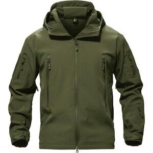 Men's #08-green Tactical Soft Shell Winter Jacket with Fleece Lining & Hood